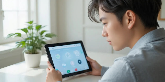 스마트 기기에서 눈 건강 정보를 보는 모습 눈 건강 관련 질문에 답하는 모습