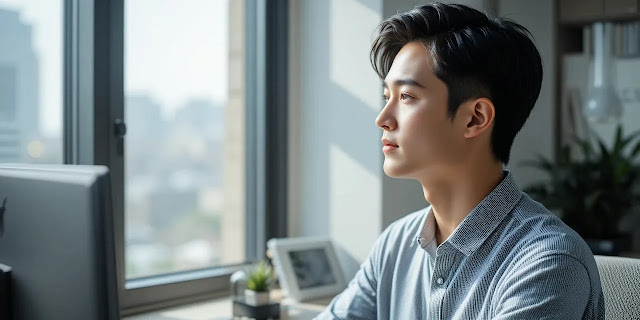 20분마다 멀리 바라보며 눈을 쉬는 사무실 장면 사무실에서 20-20-20 법칙을 실천하는 모습