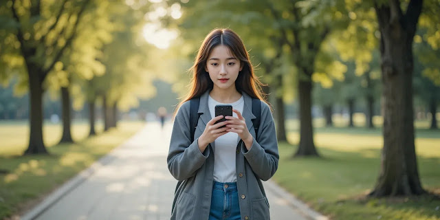 자연 속에서 스마트폰 없이 산책하는 모습 산책 중 스마트폰을 사용하지 않는 모습