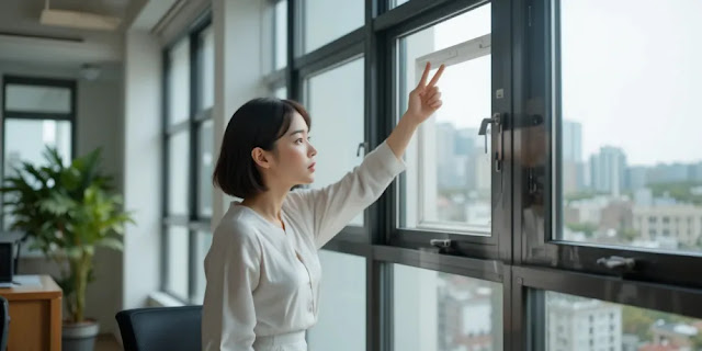 계절 변화에 맞춘 공기 순환을 실천하는 직장인 모습 환절기 실내 온도와 습도를 맞추기 위해 환기를 시도하는 직장인 모습