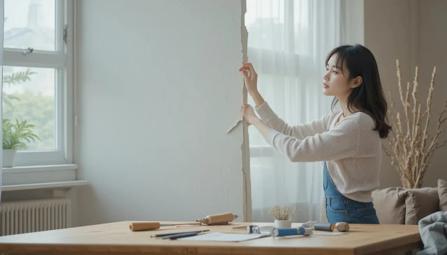 벽지 보수로 배우는 간단한 집안 수리 방법 벽지 찢어진 부분을 손보는 여성, 간단한 셀프 수리 모습