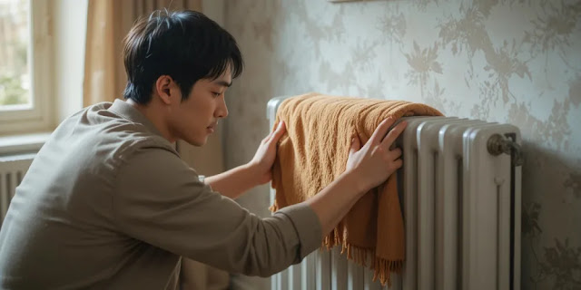 건조한 계절에 자연 가습을 실천하는 남성 모습 환절기 실내 습도를 자연스럽게 높이기 위해 라디에이터에 젖은 수건을 올려두는 남성 모습