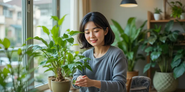 공기 질과 습도 개선을 위해 식물을 두는 엄마 모습 환절기 실내 적정 습도를 유지하기 위해 실내 식물을 배치하는 엄마 모습
