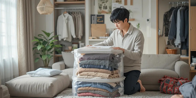계절 교체기 옷 보관 방법으로 효율적인 옷장 정리를 하는 모습 진공팩에 겨울옷을 보관하는 남자 모