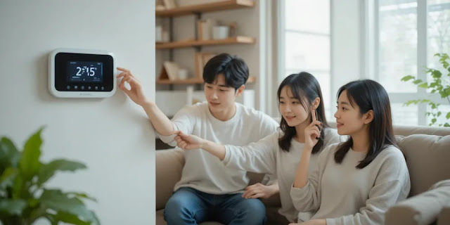 계절 변화에 맞춰 실내 온도를 조절하는 가족 모습 환절기 실내 적정 온도를 유지하기 위해 디지털 온도조절기를 조정하는 가족 모습