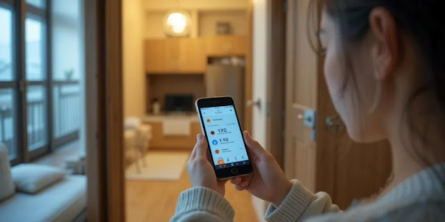 작은 공간에서 온습도를 관리하는 학생 모습 환절기 실내 적정 습도와 온도를 스마트폰 앱으로 확인하는 학생 모습
