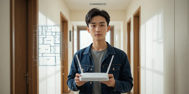 집 구조를 보며 공유기 배치 지점을 고민하는 모습