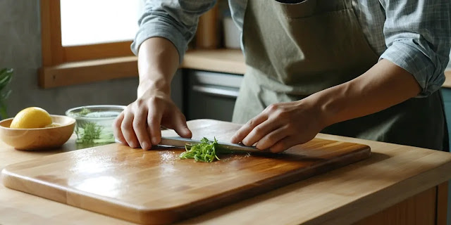 조리도구 살균법으로 주방 세균 없이 깨끗하게 관리하는 모습 도마를 뜨거운 물로 살균하는 모습