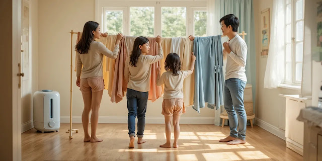 옷걸이에 빨래를 널어 자연스럽게 습도 조절하는 모습 실내에 빨래를 널어 습도를 높이는 모습
