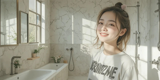 욕실 청소 후 깔끔한 공간을 즐기는 모습 깨끗해진 욕실을 보며 만족스러워하는 모습