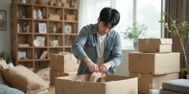 택배상자까지 깔끔하게 처리하는 종이 분리배출 장면 택배상자에서 테이프를 제거하며 분리배출하는 장면