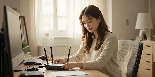 전자제품에서 멀리 공유기를 옮겨 전파 간섭을 줄이는 모습