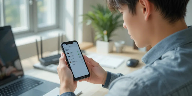 스마트폰으로 5GHz와 2.4GHz 설정을 확인하는 모습