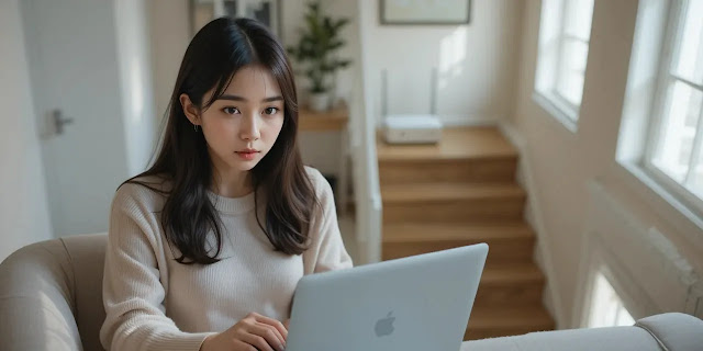 위층에서 약해진 와이파이 신호를 확인하는 모습