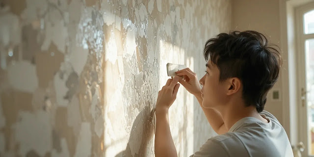 벽지 시공 후 공기를 빼는 모습 벽지 표면의 공기를 제거하며 마무리하는 모습