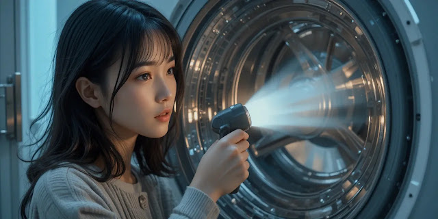 세탁기 내부 오염을 확인하는 모습 세탁기 내부 오염 상태를 손전등으로 살펴보는 모습