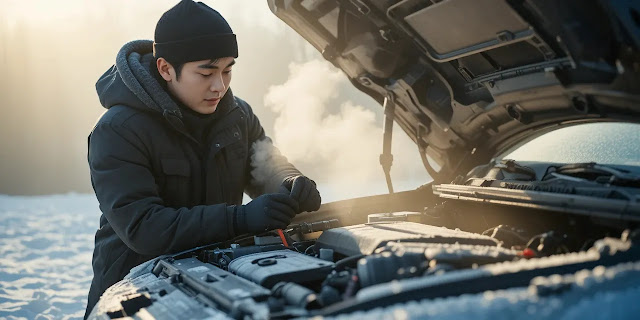 배터리 단자를 확인하며 차량 상태를 점검하는 모습