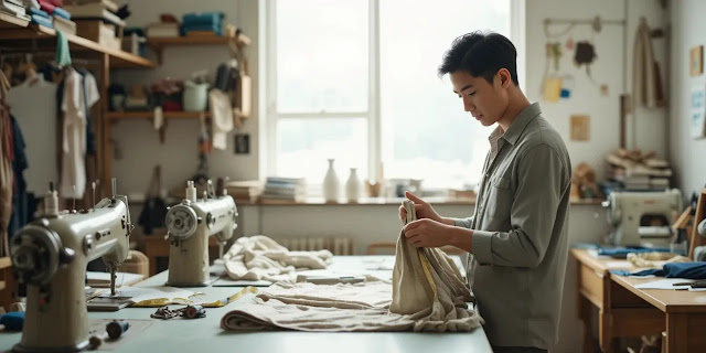 셔츠를 측정하며 리폼 준비하는 남성의 모습