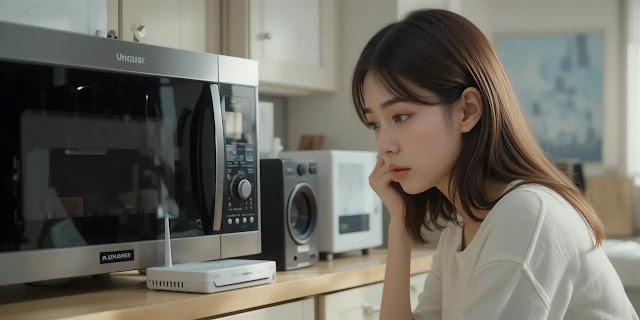 전자제품 주변에서 전파 간섭을 살펴보는 모습