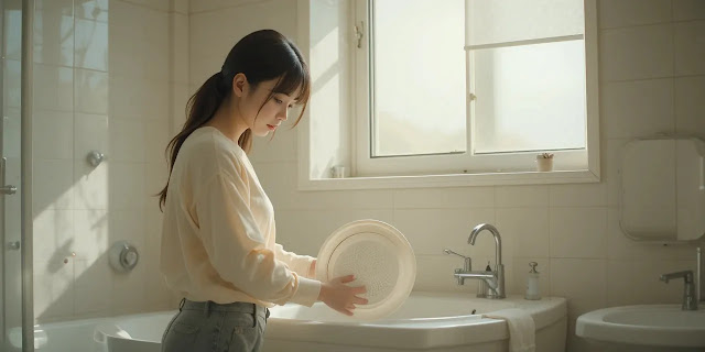 배수구 역류 방지를 위한 점검을 하는 모습 배수구 패킹과 밀착 상태를 점검하는 모습