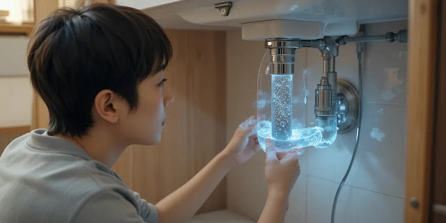 U트랩 건조로 인한 냄새 원인을 파악하는 모습 건조된 U트랩을 살펴보며 악취 발생 원인을 확인하는 모습