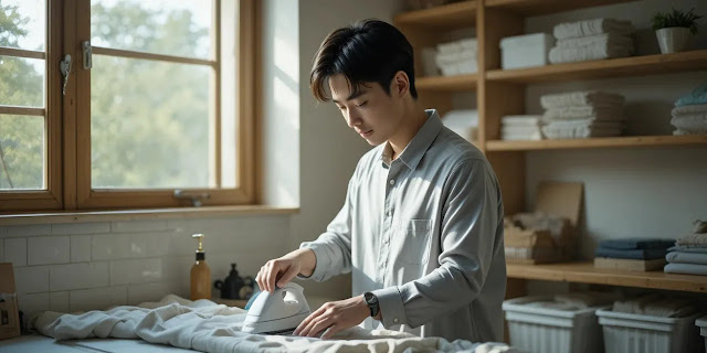 다림질로 리폼 셔츠를 마무리하는 남성의 모습