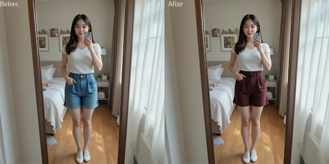 리폼 전후 옷을 비교하며 미소 짓는 여성의 모습