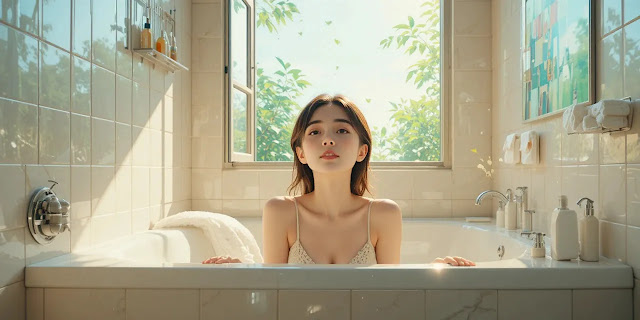 악취 제거 후 상쾌한 욕실을 확인하는 모습 청소 후 쾌적한 욕실 공간을 확인하는 모습