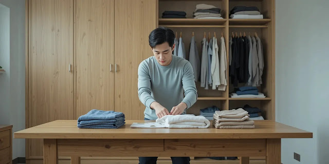 옷을 오래 입는 의류 관리 팁으로 정리하는 장면 세탁 후 깔끔하게 접힌 옷을 정리하는 장면