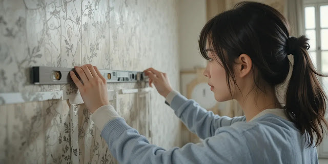 세밀하게 벽지 위치를 조정하는 모습 벽지 가장자리를 맞추며 정렬하는 모습