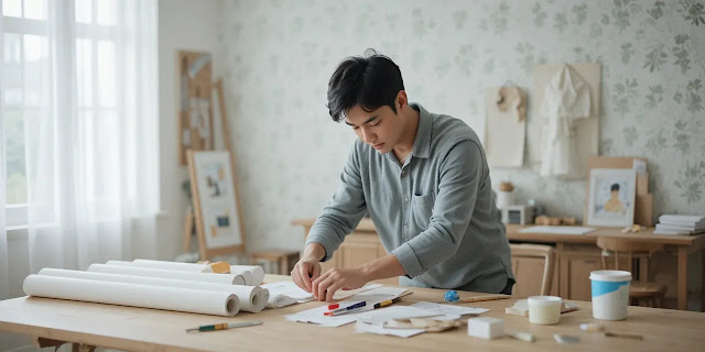 벽지 시공 도구를 정리하는 모습 벽지와 도구를 준비하며 시공을 계획하는 모습
