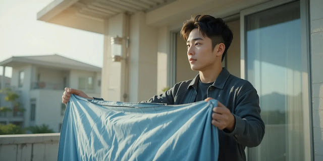 햇살 가득한 날 실천하는 이불 건조법 실천 모습 발코니에서 햇살 아래 이불을 말리는 장면
