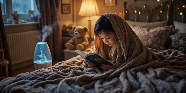 이불 속에서 책을 읽으며 가습기와 함께 쉬는 모습 아늑한 방에서 독서하며 습도 유지하는 모습