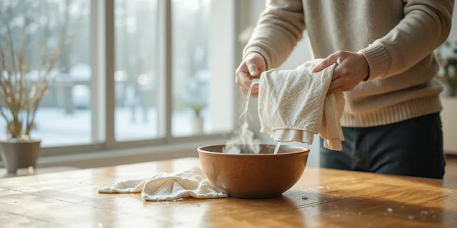 겨울철 가습 방법으로 실내 건조함 줄이는 모습 방 안에 젖은 수건과 뜨거운 물을 두어 실내 습도를 높이는 장면