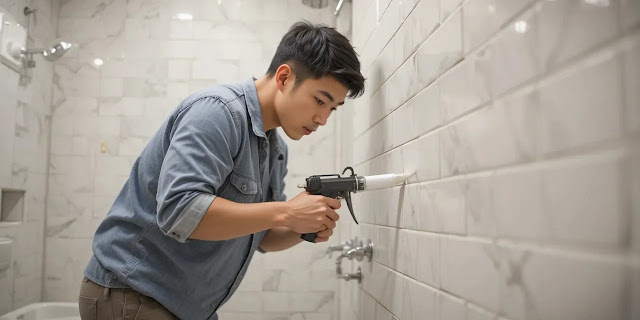 줄눈 실란트를 시공하는 모습 실란트를 욕실 줄눈에 바르는 모습