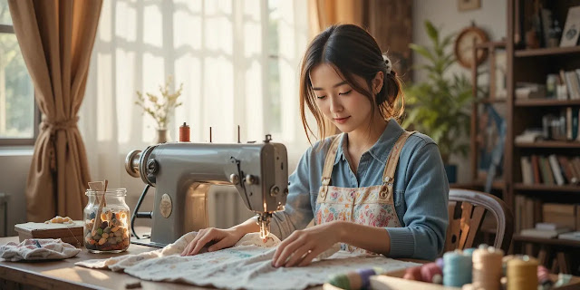 재봉틀로 리폼 가방을 만드는 여성의 모습
