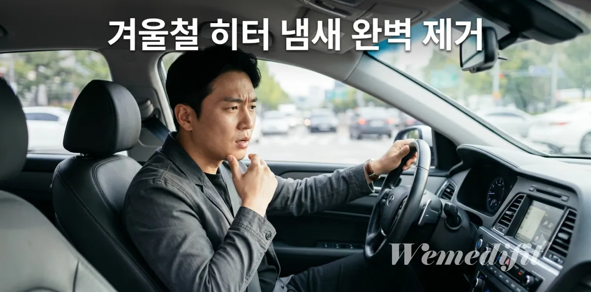 운전석에 앉은 남성이 겨울철 히터 냄새 제거 방법을 심각하게 고민하는 모습