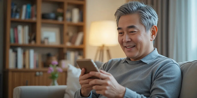 알뜰폰으로 바꾼 중년의 일상 모습 스마트폰을 편하게 사용하는 중년 남성의 모습