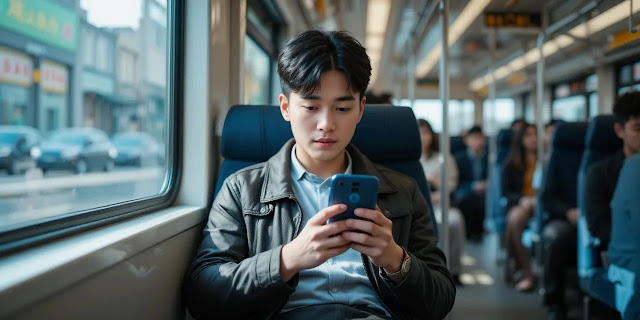 지하철 좌석에 앉아 영상 압축 앱을 고르는 모습