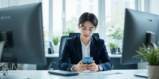 후기 읽으며 알뜰폰 결정하는 장면 알뜰폰 사용자 후기를 읽는 직장인의 모습