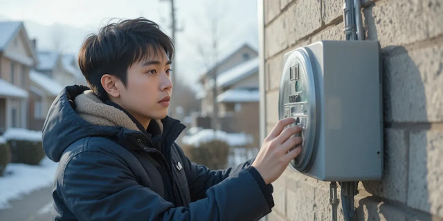 집 외부에서 전기계량기를 점검하는 모습
