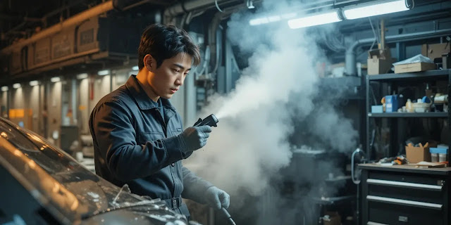 자동차 히터 덕트를 청소하는 정비사의 모습