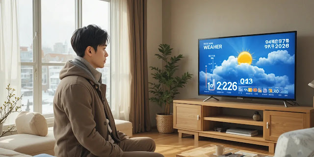 뉴스로 한파 소식을 접하는 남성의 모습 아침 뉴스로 날씨를 확인하는 남성의 모습