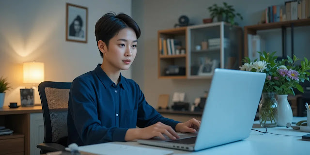 책상에서 이더넷 케이블을 이용해 노트북을 사용하는 모습