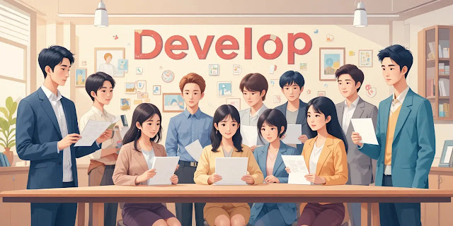 다양한 디벨롭 활용 모습 여러 상황에서 디벨롭 쓰는 모습 일러스트 포스터