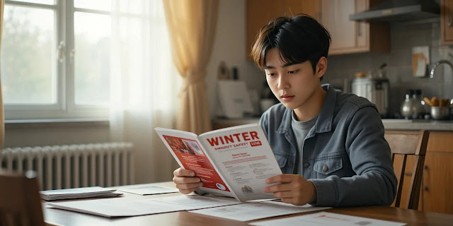 겨울 안전 가이드를 보는 청소년의 모습 겨울 안전 수칙을 읽는 청소년의 진지한 모습