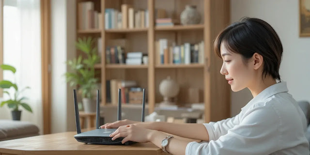 책장 옆에서 공유기 위치를 조정하며 속도 개선을 시도하는 모습
