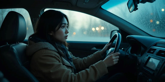 겨울 아침 차량 내부에서 시동 불량으로 고민하는 여성의 모습 차량 안에서 시동 문제를 겪는 여성의 모습