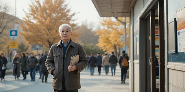 운전면허 갱신 장소에 들어서는 모습 면허시험장에 입장하는 노년 남성의 모습