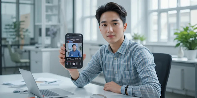 책상 앞에서 스마트폰 화면으로 영상 용량 차이를 설명하는 모습
